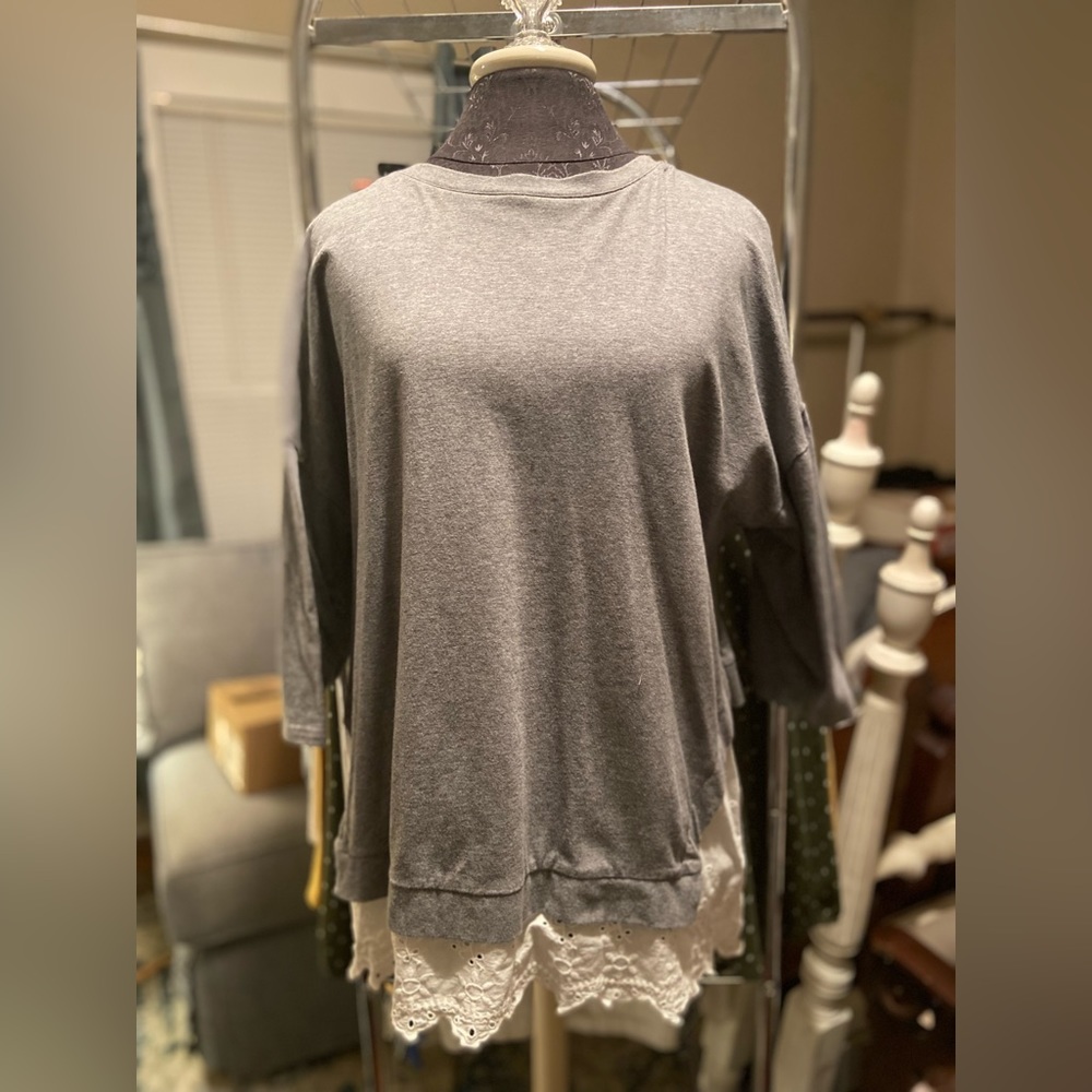 Matilda Jane Gray and White Eyelet Jersey Sweatshirt Top
